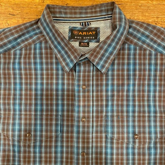 Ariat Pro Series Blue Brown Plaid Long Sleeve Pearl Snap Western Shirt Men's 2XL - Picture 1 of 11